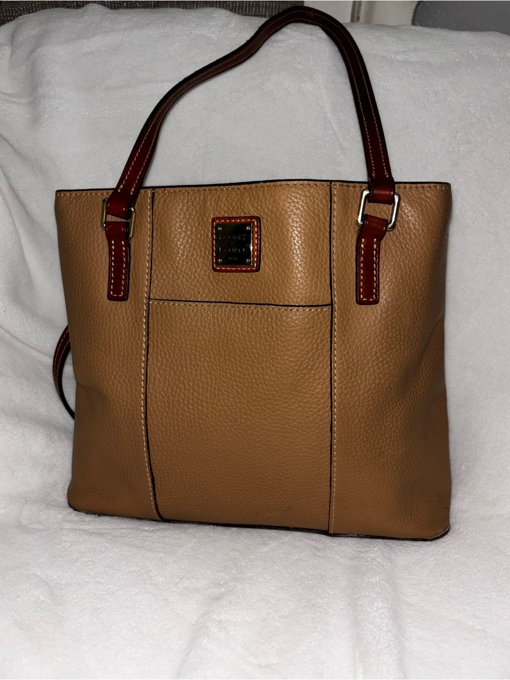 Dooney & Bourke Tan Leather Shoulder Tote with Dark Brown Handles